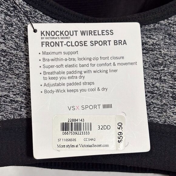 Victorias Secret VSX Sport Bra Knockout Wireless 32DD Black Front Zip Close NWT - Picture 8 of 10